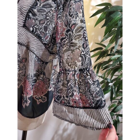 Lucky Brand Floral Sheer Stripe 3/4 Bell Sleeve Tie Peasant Blouse Size L Boho - Picture 6 of 9